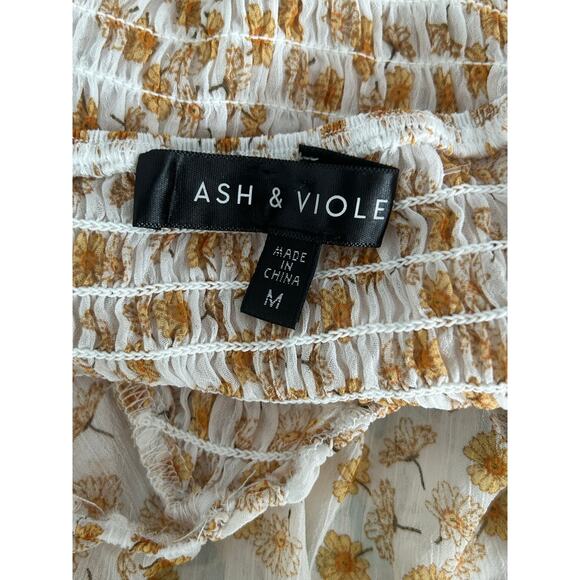 Ash & Violet Yellow White Daisy Floral Puff Sleeve Babydoll Smocked Top M Boho - Picture 11 of 11